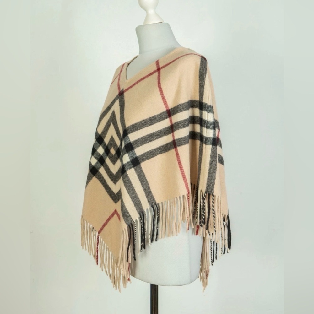 Burberry London Lamba Wool Nova Check Scarf Poncho Plaid Tan Black Red Fringe - Picture 3 of 8
